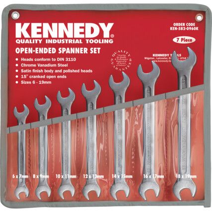 Metric, Open Ended Spanner Set, 6 - 19mm, Set of 7, Chrome Vanadium Steel