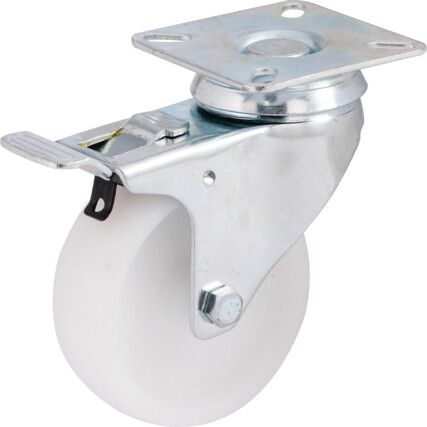 Light Duty, Castor, 75mm, Braked, Swivel, Top Plate, Polypropylene, White