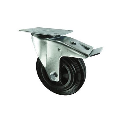 Medium Duty, Castor, 200mm, Braked, Swivel, Top Plate, Rubber, Black