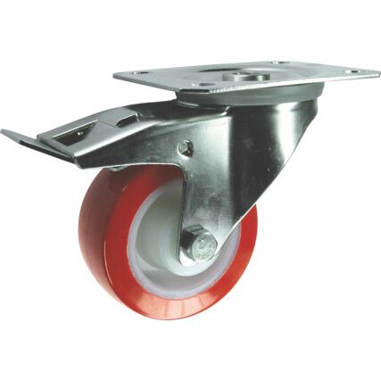 Castor, 200mm, Braked, Swivel, Top Plate, Polyurethane, Orange