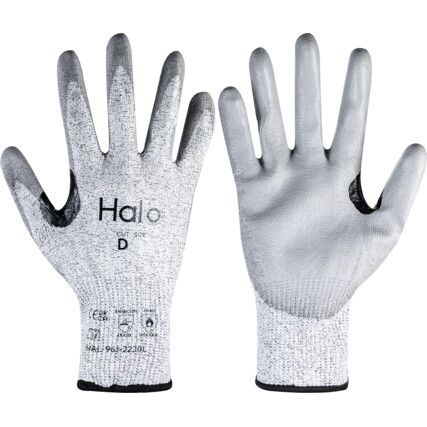 Cut Resistant Gloves, 13 Gauge Cut D, Size 7, Grey, Polyurethane Palm, EN388: 2016