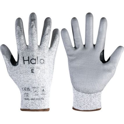 Cut Resistant Gloves, 13 Gauge Cut E, Size 7, Grey, Polyurethane Palm, EN388: 2016